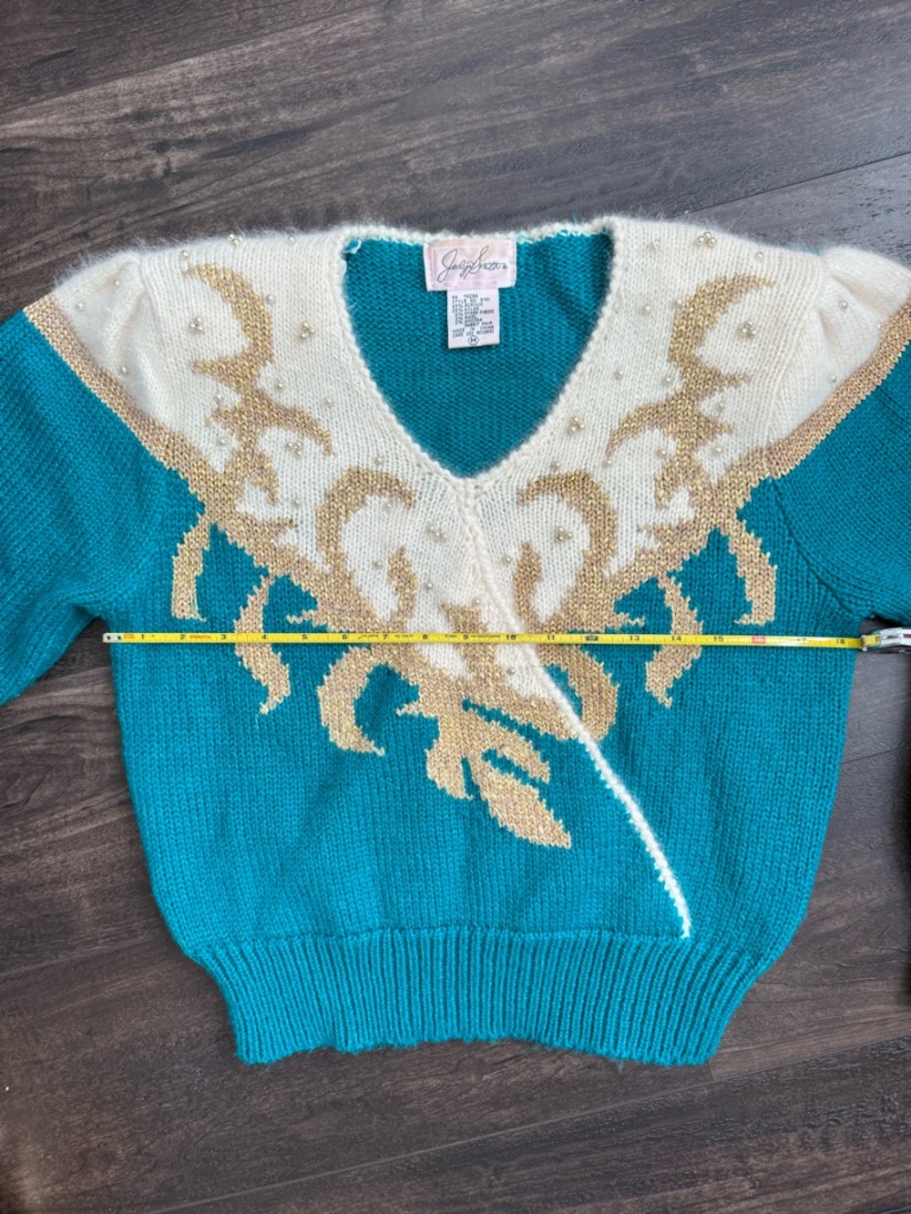 Vintage Jacklyn Smith Beaded Angora Sweater Teal Gold Fits S - Picture 9 of 11